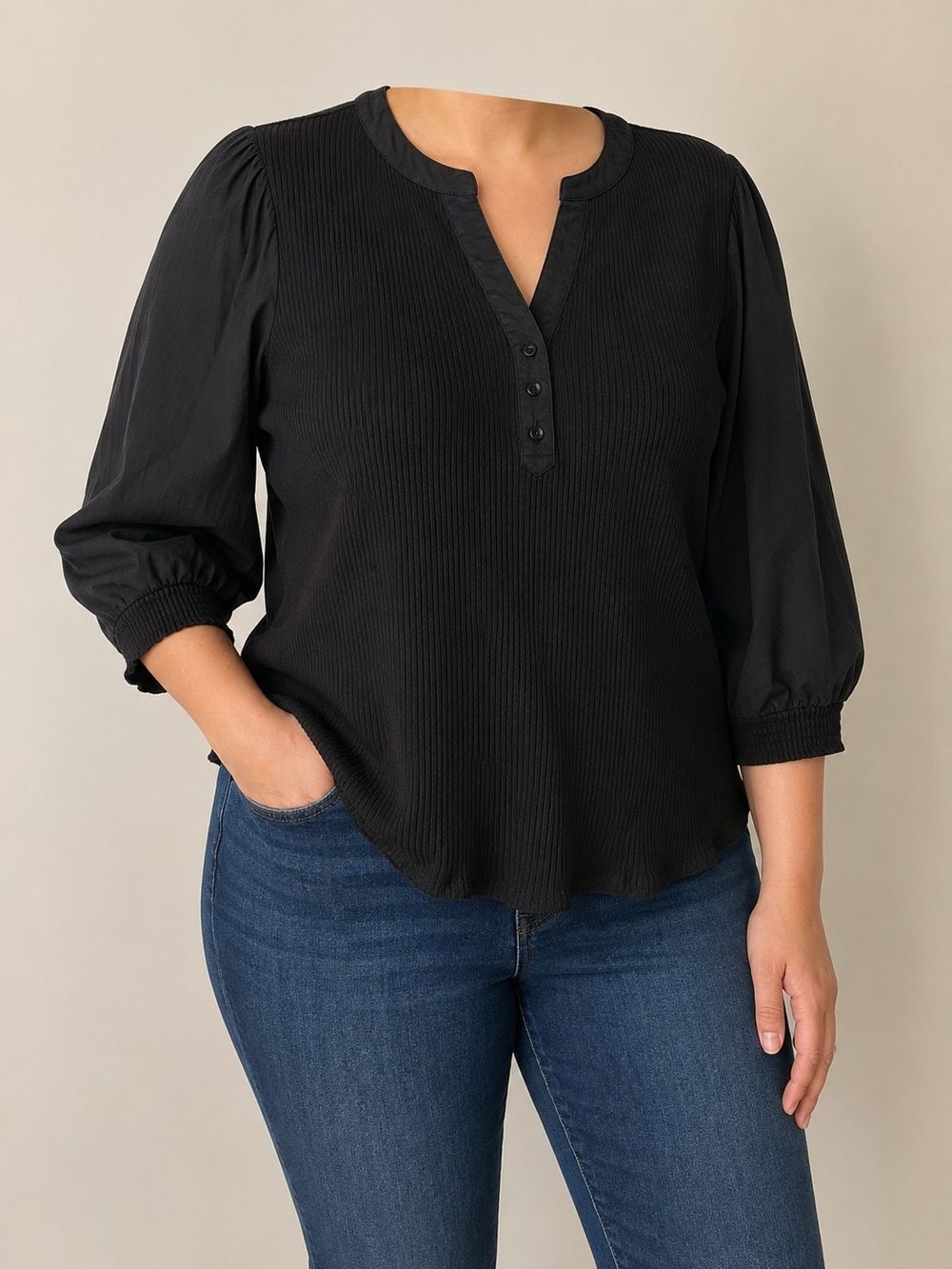 Lauren Ralph Lauren 2X Black Ribbed Henley Top Balloon Sleeve Plus Size 2x